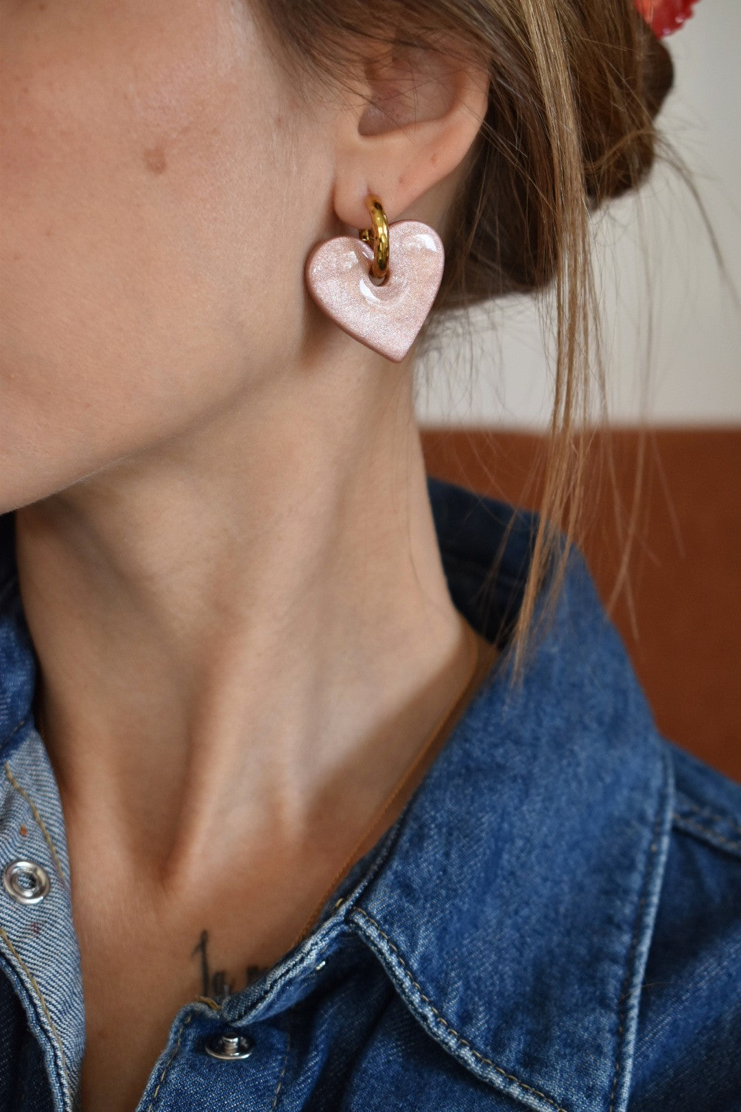 Pampilles cœurs, or rose nacré