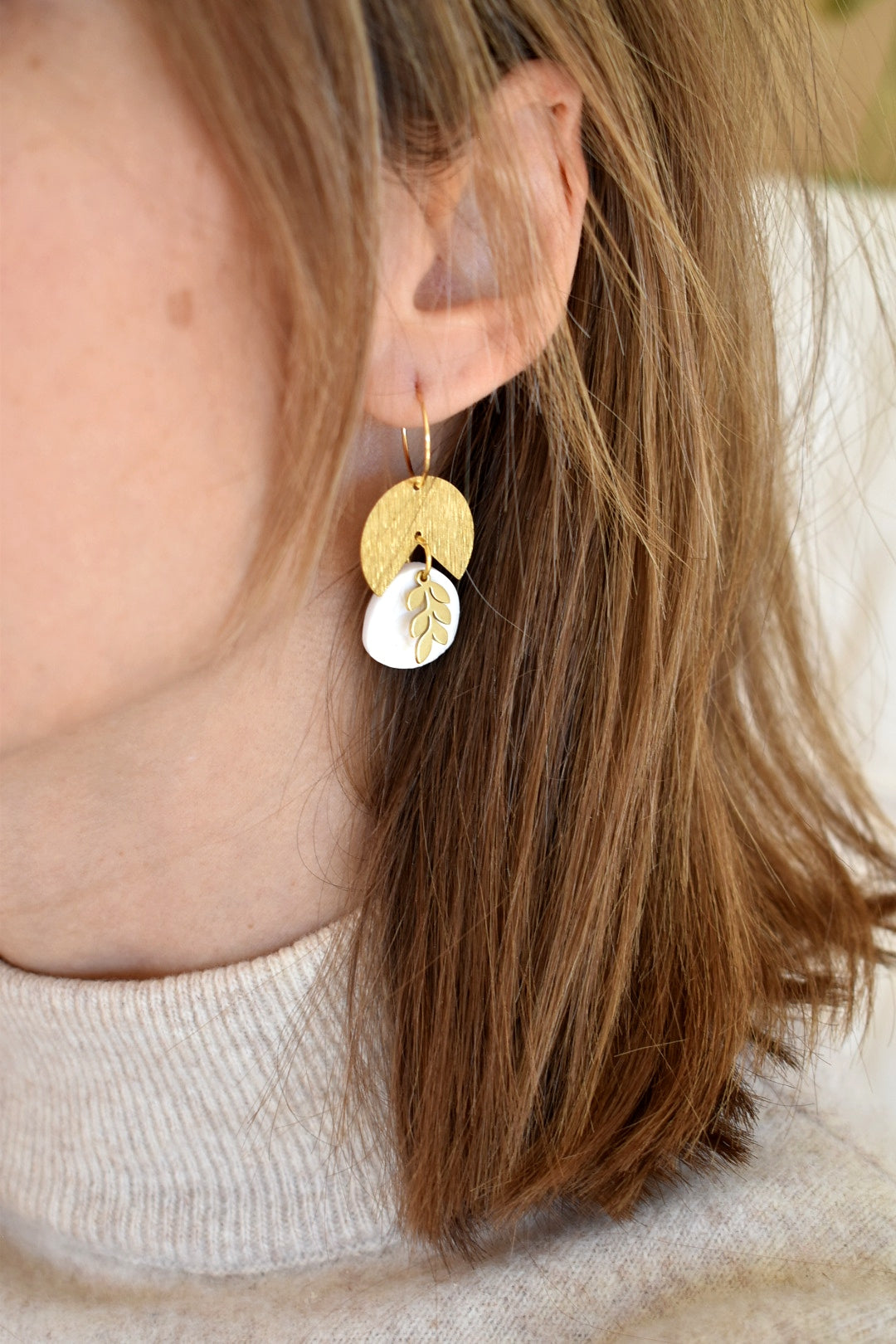 White and gold foliage earrings